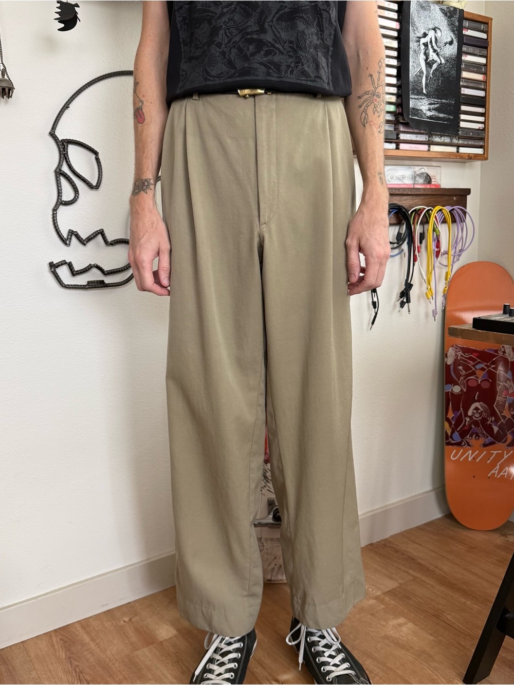 Vintage 90s Wool Gabardine Tan High Waisted Pleated Trousers ~ Size 37 X 31